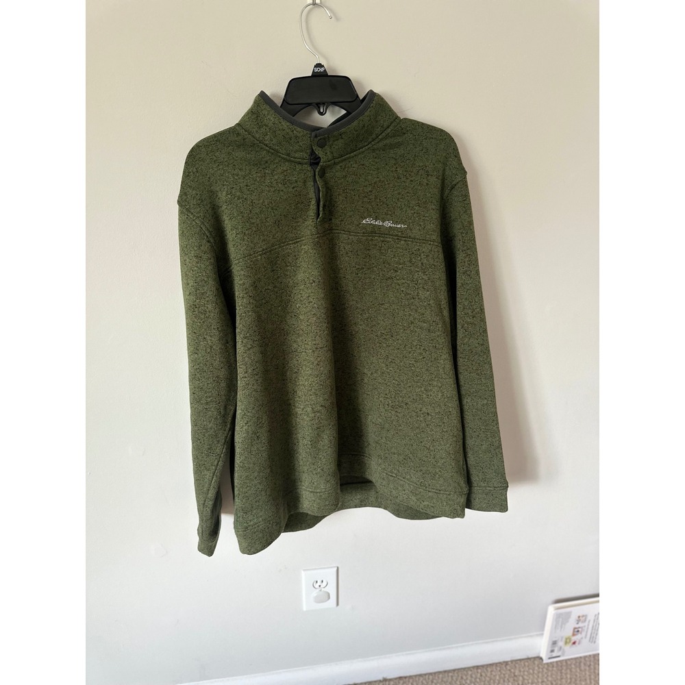 Eddie Bauer Mens XL Green Marled Snap Mock Neck Fleece Pullover Sweater - Picture 2 of 4